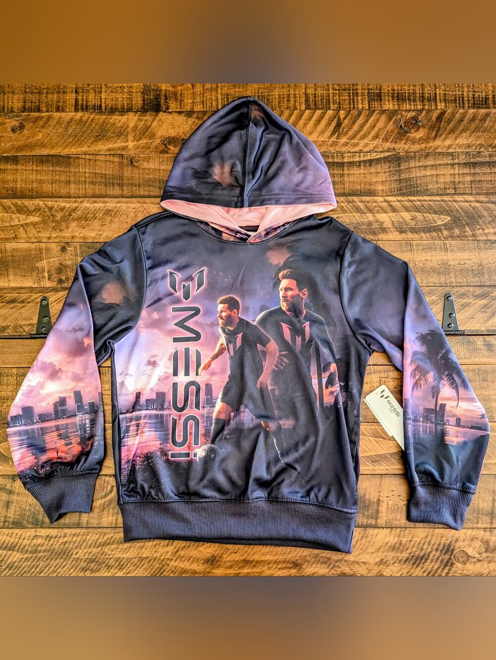 Messi Unisex Kids Pullover Hoodie Large 10/12 Black Pink Fleece Graphic Logo NWT